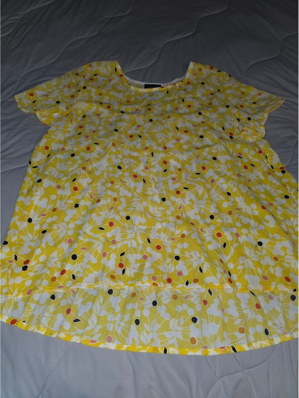 Women's Blouse Yellow W Pink Polka Dots Floral Light Weight Size L